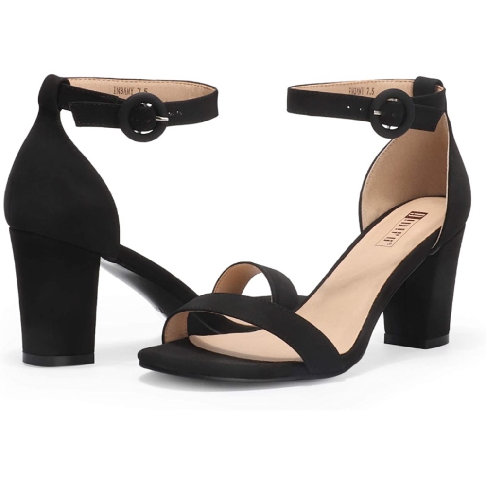 Black Faux Leather Buckle Heels